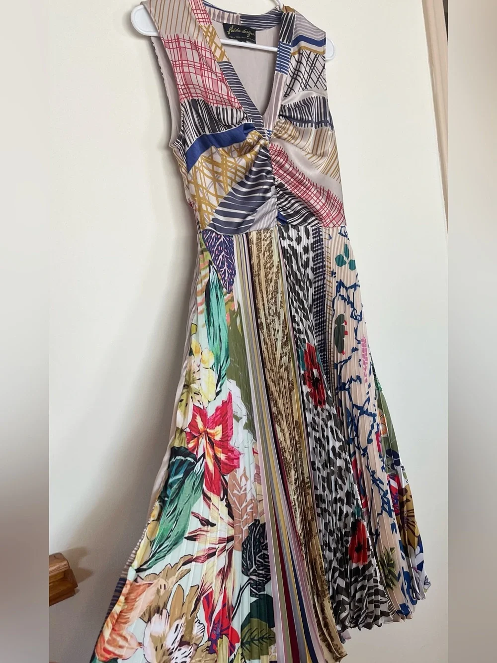 Anthropologie Geisha Designs Jacinta Pleated Satin Patchwork Print Midi Size 4 - Picture 3 of 11